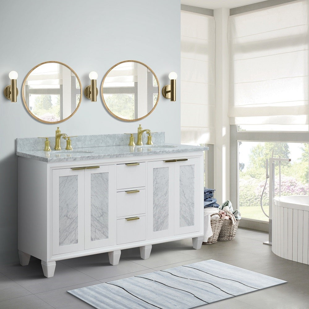61 in. Double Sink Vanity in White Finish with White Carrara Marble and Oval Sink, Trento Collections