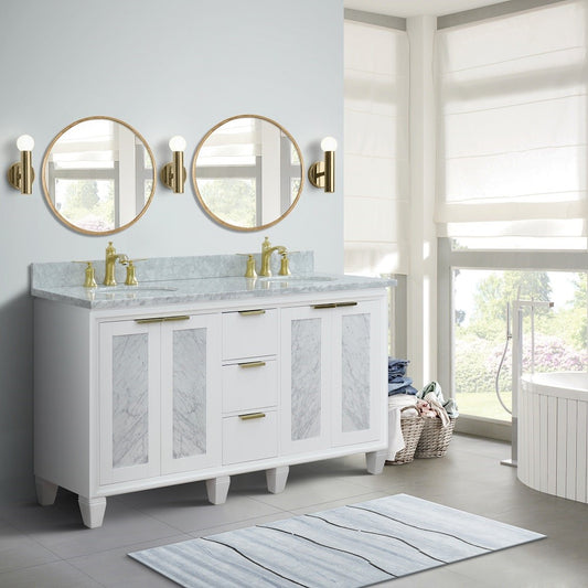 61 in. Double Sink Vanity in White Finish with White Carrara Marble and Oval Sink, Trento Collections