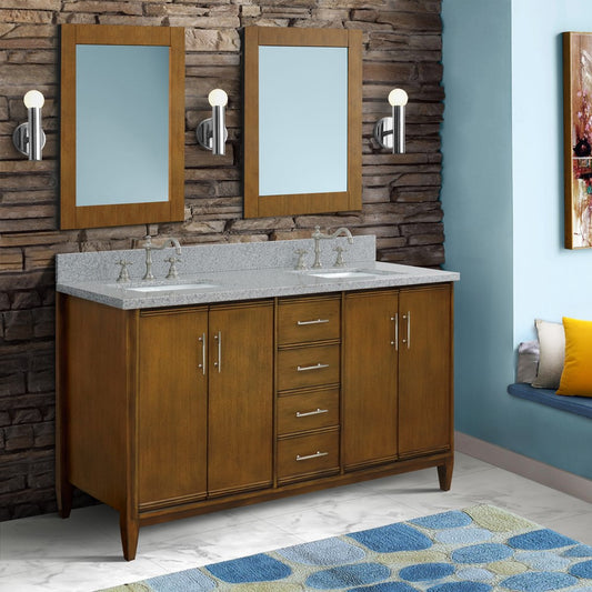61 in. Double Sink Vanity in Walnut Finish with Gray Granite and Rectangle Sink