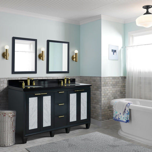 61 in. Double Sink Vanity in Dark Gray Finish with Black Galaxy Granite and Oval Sink, Trento Collections