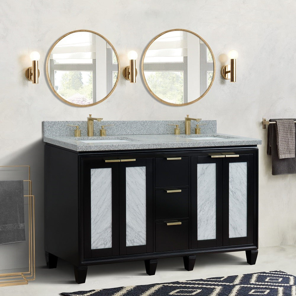 61 in. Double Sink Vanity in Black Finish with Gray Granite and Rectangle Sinks, Trento Collection