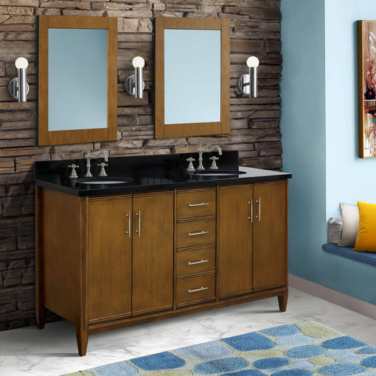 61 in. Double Sink Vanity in Walnut Finish with Black Galaxy Granite and Oval Sink