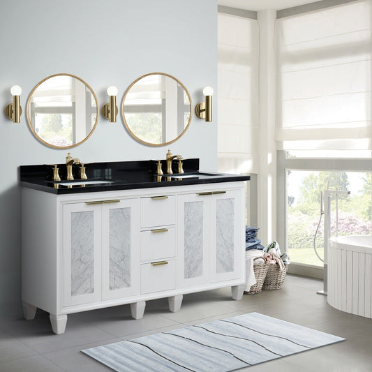 61 in. Double Sink Vanity in White Finish with Black Galaxy Granite and Rectangle Sinks, Trento Collection