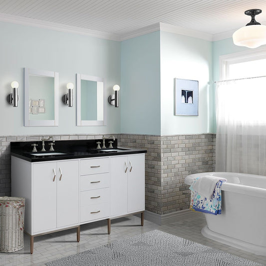61 in. Double Sink Vanity in White Finish with Black Galaxy Granite and Rectangle Sink, Tivoli Collection
