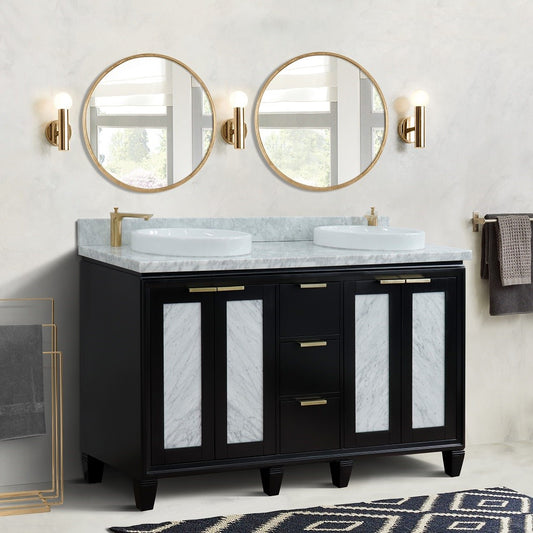 61 in. Double Sink Vanity in Black Finish with White Carrara Marble and Round Sink, Trento Collections