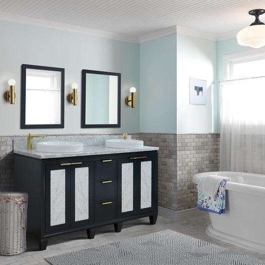 61 in. Double Sink Vanity in Dark Gray Finish with White Carrara Marble and Round Sink, Trento Collections