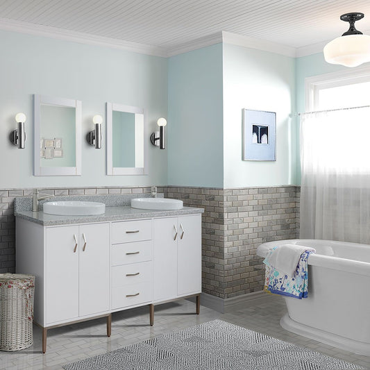 61 in. Double Sink Vanity in White Finish with Gray Granite and Round Sink, Tivoli Collection
