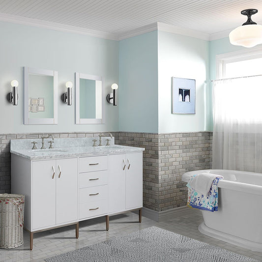 61 in. Double Sink Vanity in White Finish with White Carrara Marble and Oval Sink, Tivoli Collection