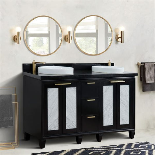 61 in. Double Sink Vanity in Black Finish with Black Galaxy Granite and Round Sink, Trento Collections