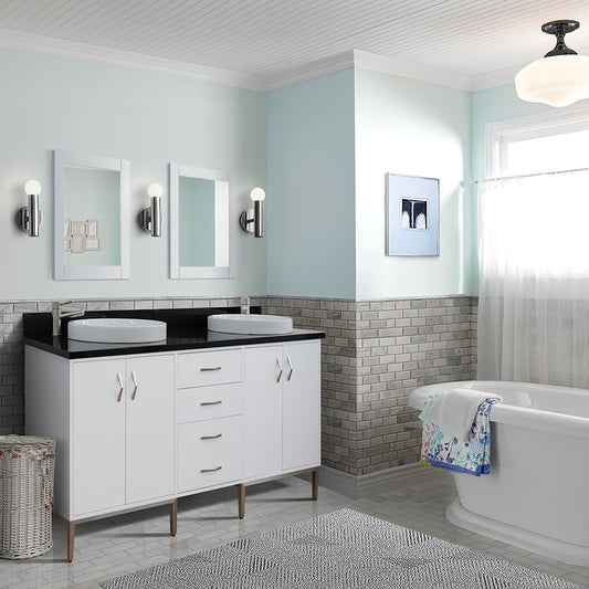61 in. Double Sink Vanity in White Finish with Black Galaxy Granite and Round Sink, Tivoli Collection