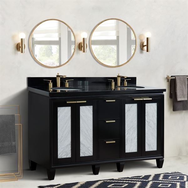 61 in. Double Sink Vanity in Black Finish with Gray Granite and Oval Sink, Trento Collections