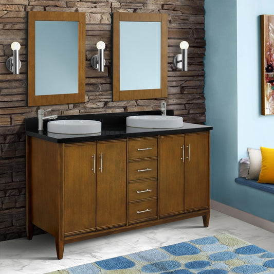 61 in. Double Sink Vanity in Walnut Finish with Black Galaxy Granite and Round Sink