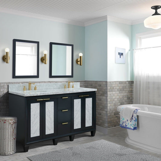 61 in. Double Sink Vanity in Dark Gray Finish with White Carrara Marble and Oval Sink, Trento Collections