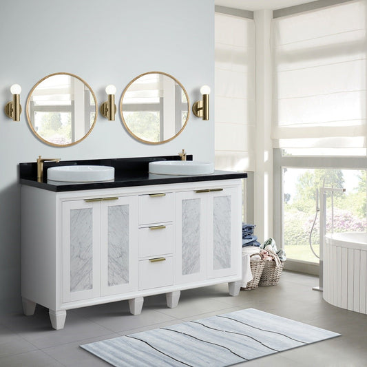 61 in. Double Sink Vanity in White Finish with Black Galaxy Granite and Round Sink, Trento Collections