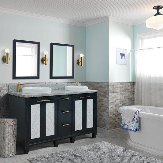 61 in. Double Sink Vanity in Dark Gray Finish with Gray Granite and Round Sink, Trento Collections
