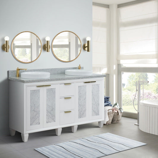 61 in. Double Sink Vanity in White Finish with Gray Granite and Round Sink, Trento Collections