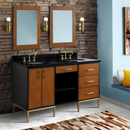 61 in. Double Sink Vanity in Walnut and Black Finish and Black Galaxy Granite and Oval Sinks