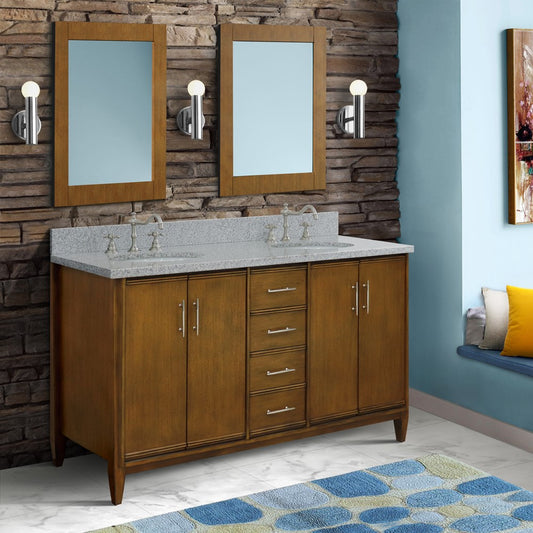 61 in. Double Sink Vanity in Walnut Finish with Gray Granite and Oval Sink