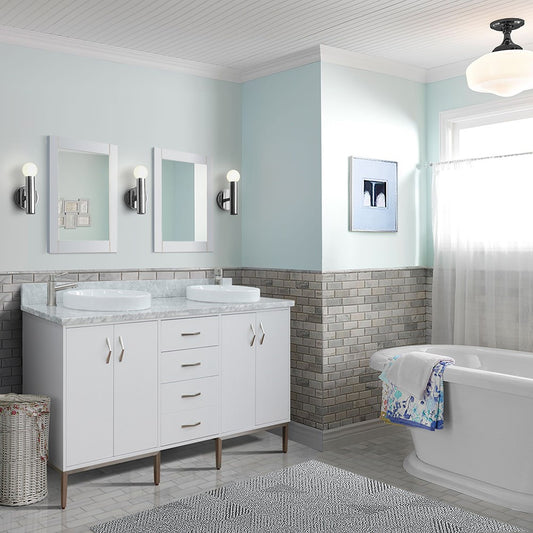 61 in. Double Sink Vanity in White Finish with White Carrara Marble and Round Sink, Tivoli Collection