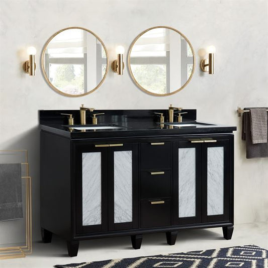 61 in. Double Sink Vanity in Black Finish with Black Galaxy Granite and Rectangle Sinks, Trento Collection