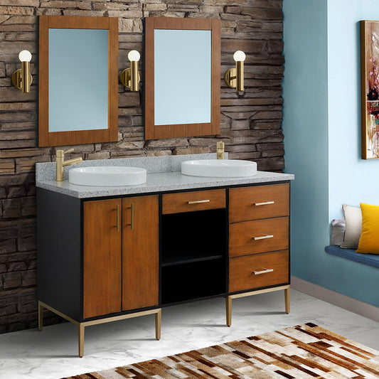 61 in. Double Sink Vanity in Walnut and Black Finish and Gray Granite and Round Sinks, Trento Collection