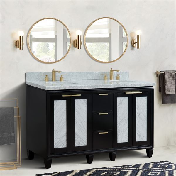 61 in. Double Sink Vanity in Black Finish with White Carrara Marble and Oval Sink, Trento Collections