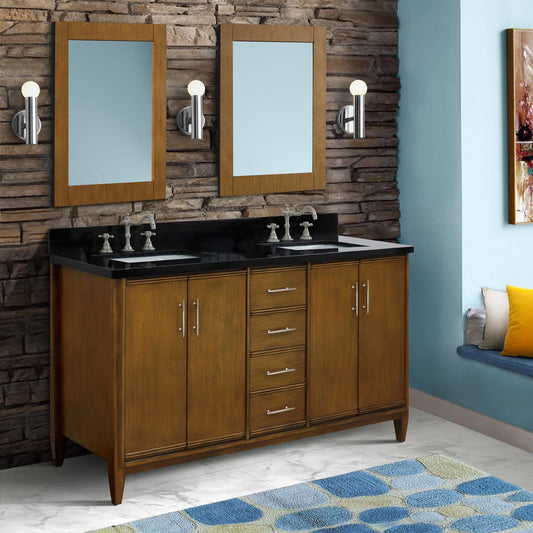 61 in. Double Sink Vanity in Walnut Finish with Black Galaxy Granite and Rectangle Sink