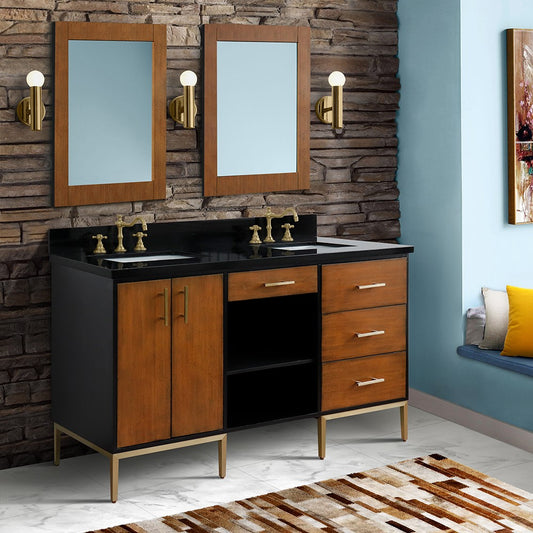 61 in. Double Sink Vanity in Walnut and Black Finish and Black Galaxy Granite and Rectangle Sinks, Trento Collection