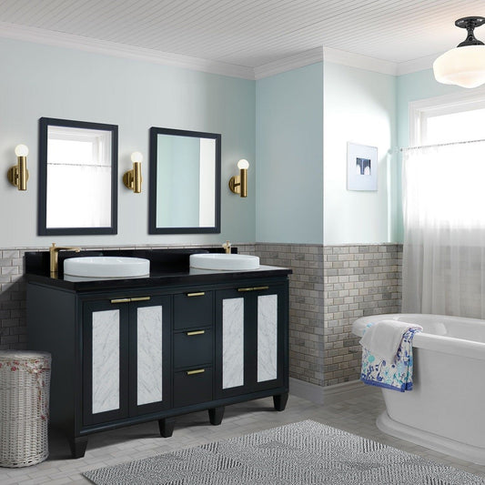 61 in. Double Sink Vanity in Dark Gray Finish with Black Galaxy Granite and Round Sink, Trento Collections
