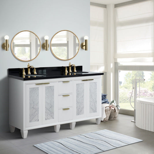 61 in. Double Sink Vanity in White Finish with Black Galaxy Granite and Oval Sink, Trento Collections