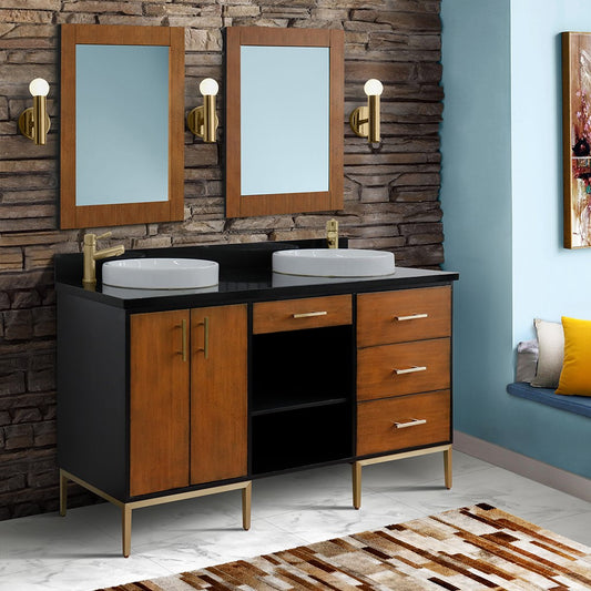 61 in. Double Sink Vanity in Walnut and Black Finish and Black Galaxy Granite and Round Sinks, Trento Collection