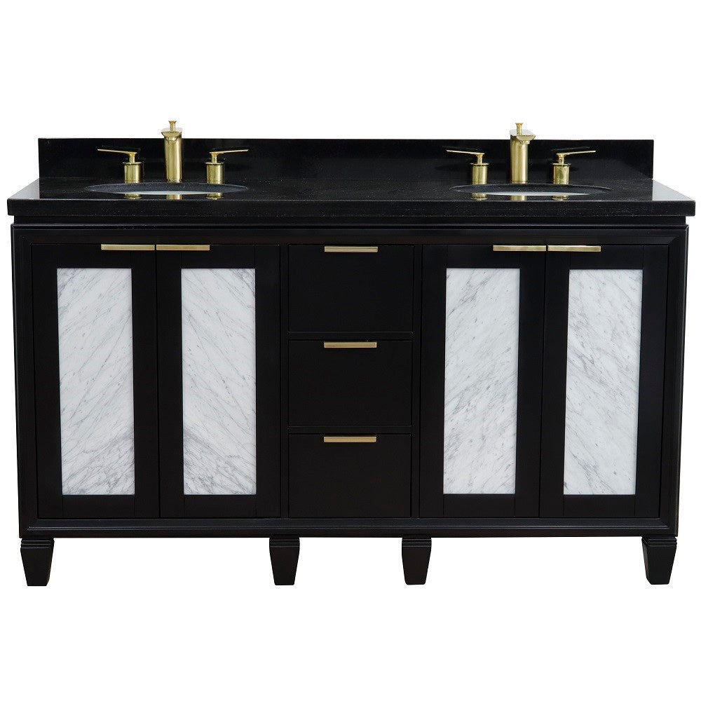 61 in. Double Sink Vanity in Black Finish with Black Galaxy Granite and Oval Sink, Trento Collections
