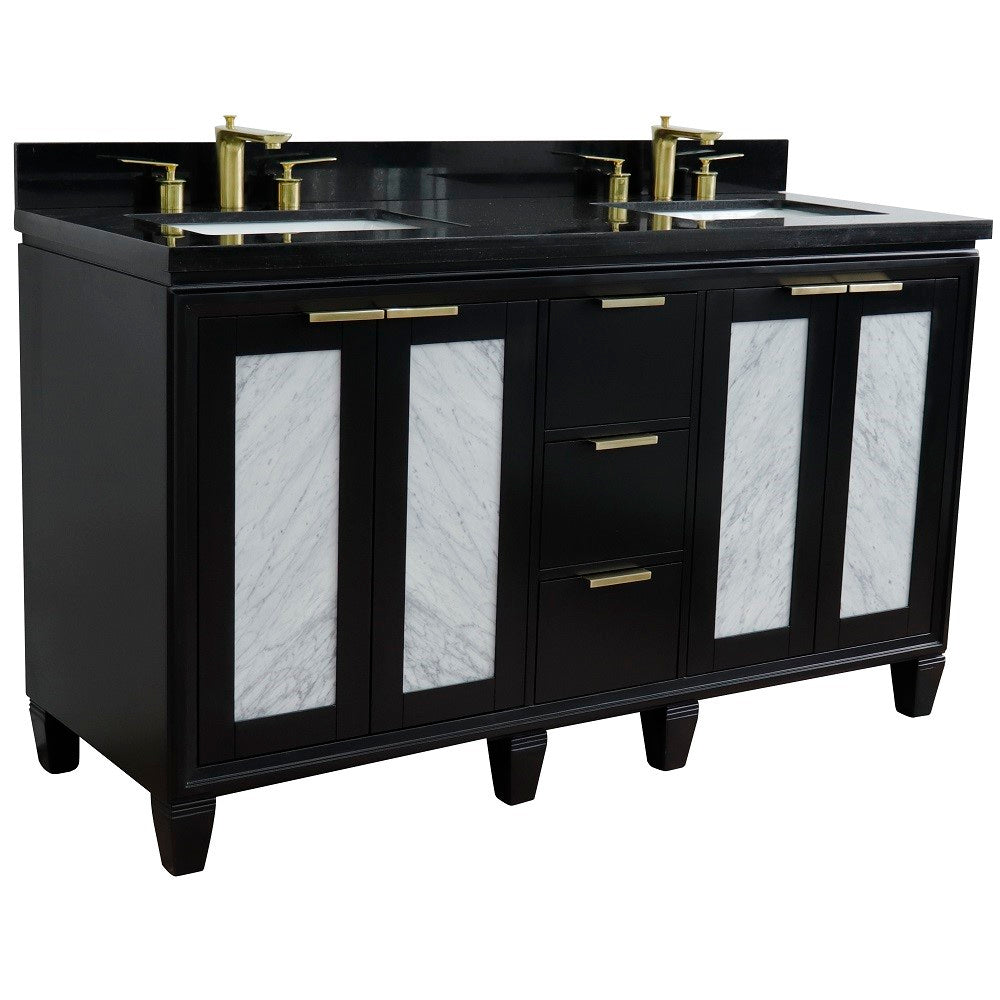 61 in. Double Sink Vanity in Black Finish with Black Galaxy Granite and Rectangle Sinks, Trento Collection