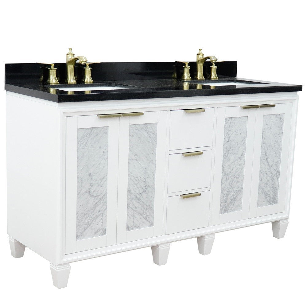 61 in. Double Sink Vanity in White Finish with Black Galaxy Granite and Rectangle Sinks, Trento Collection