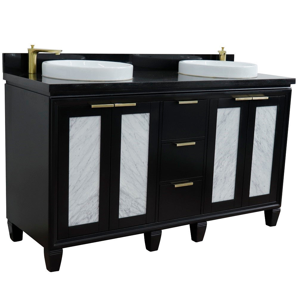 61 in. Double Sink Vanity in Black Finish with Black Galaxy Granite and Round Sink, Trento Collections