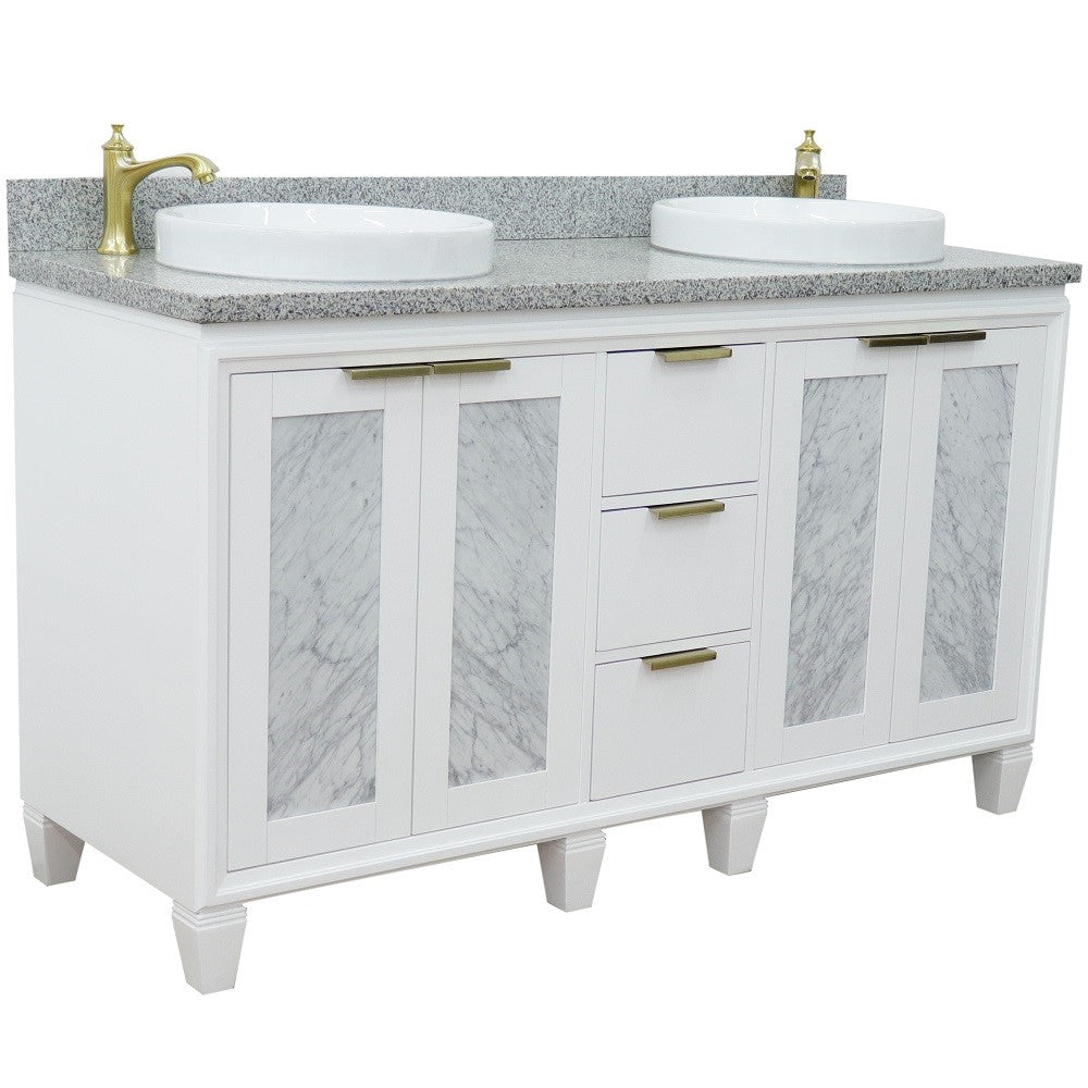 61 in. Double Sink Vanity in White Finish with Gray Granite and Round Sink, Trento Collections