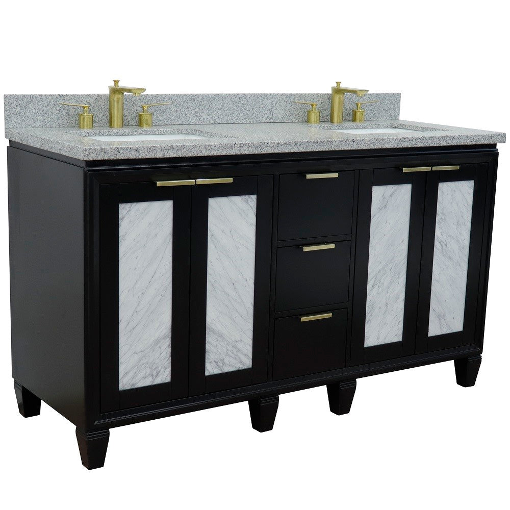 61 in. Double Sink Vanity in Black Finish with Gray Granite and Rectangle Sinks, Trento Collection
