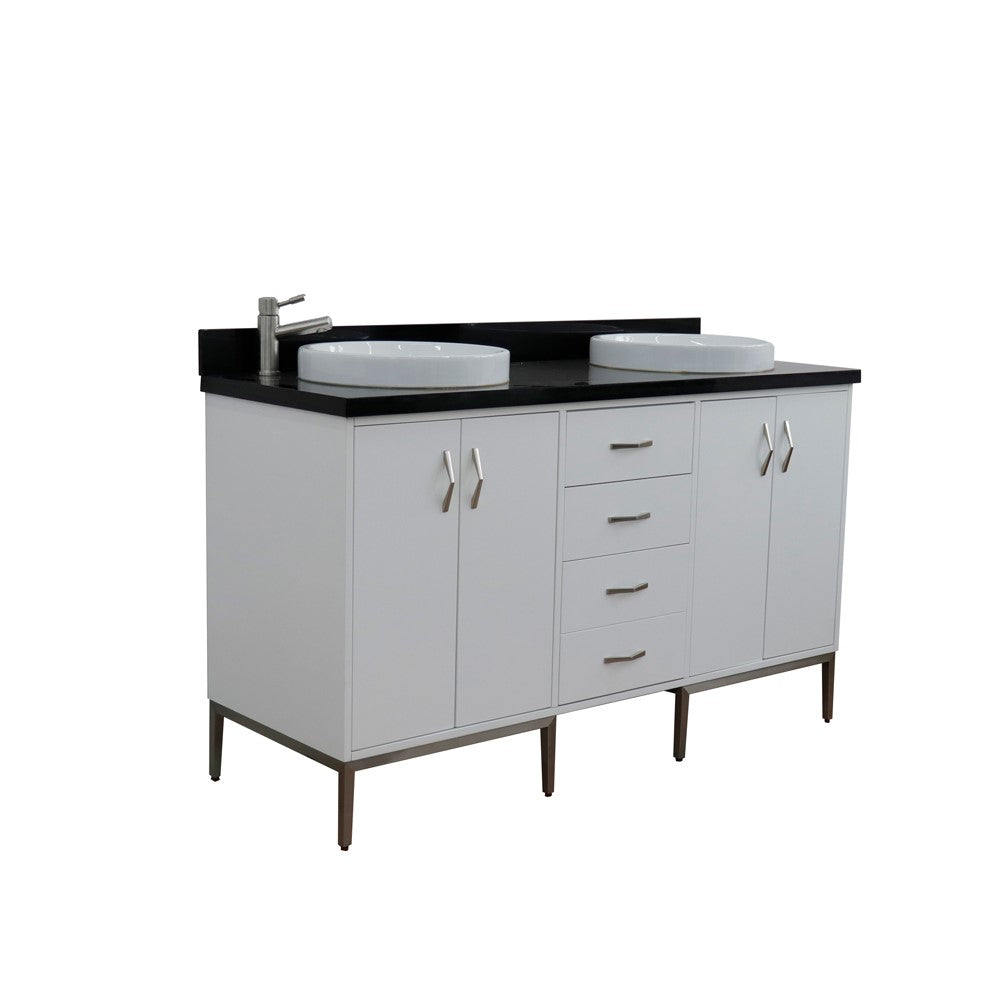 61 in. Double Sink Vanity in White Finish with Black Galaxy Granite and Round Sink, Tivoli Collection