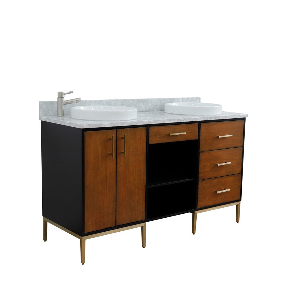 61 in. Double Sink Vanity in Walnut and Black Finish and White Carrara Marble and Round Sinks, Trento Collection