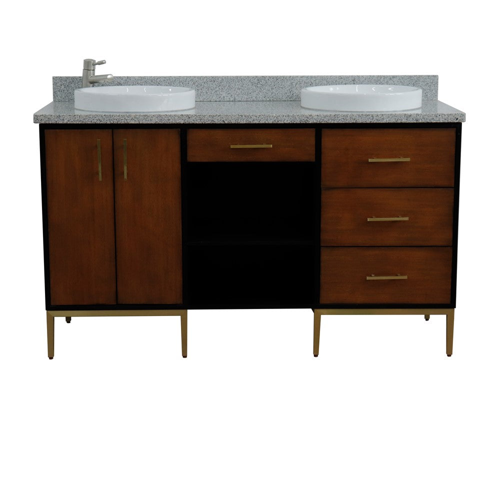 61 in. Double Sink Vanity in Walnut and Black Finish and Gray Granite and Round Sinks, Trento Collection