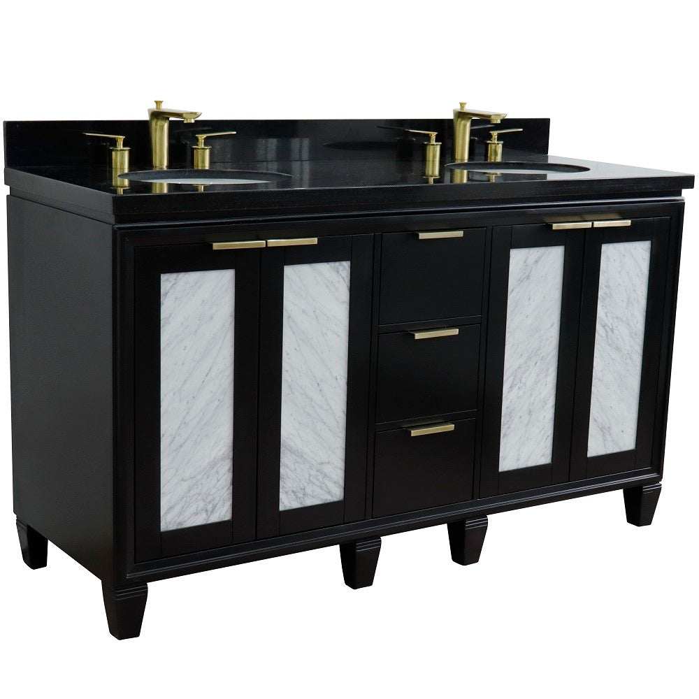 61 in. Double Sink Vanity in Black Finish with Gray Granite and Oval Sink, Trento Collections