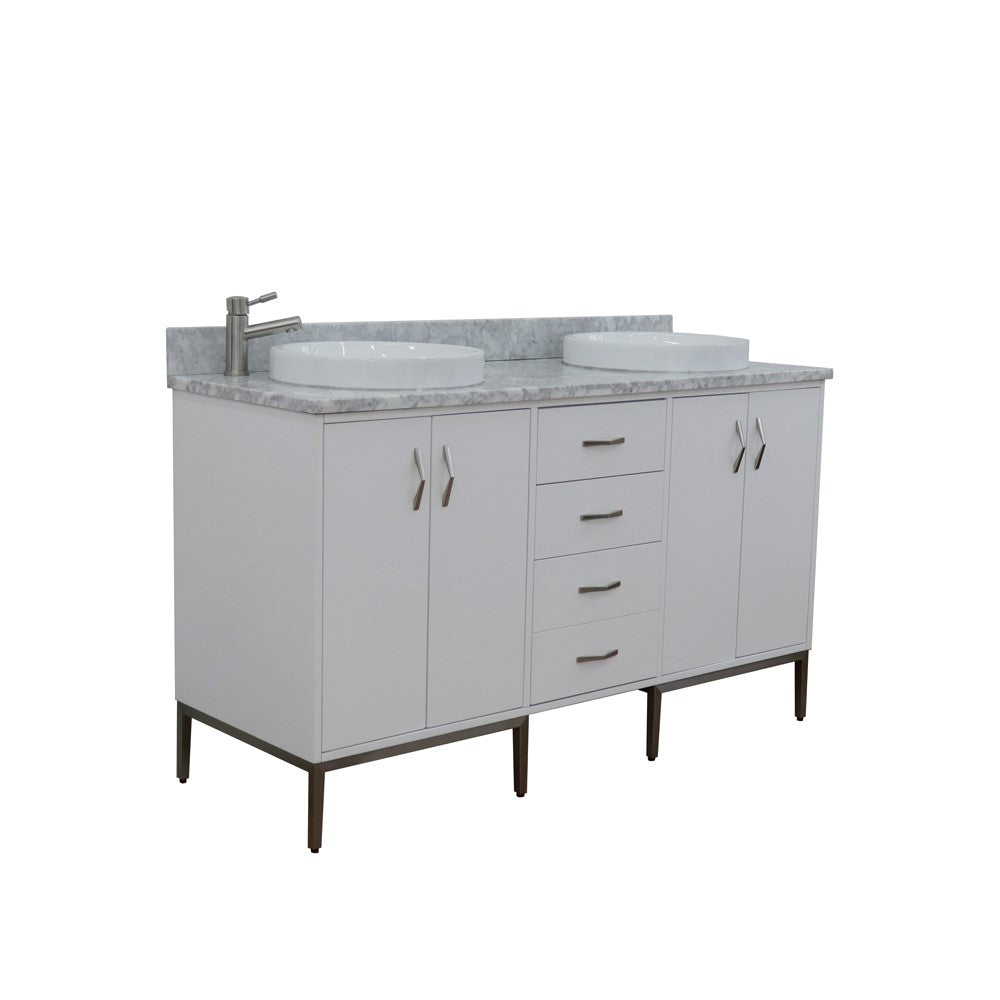 61 in. Double Sink Vanity in White Finish with White Carrara Marble and Round Sink, Tivoli Collection