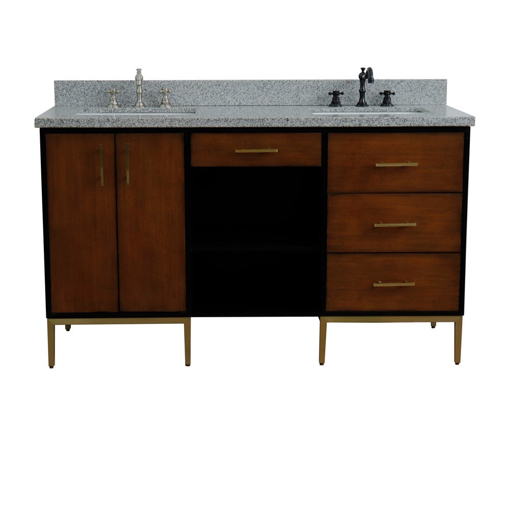 61 in. Double Sink Vanity in Walnut and Black Finish and Gray Granite and Rectangle Sinks, Trento Collection