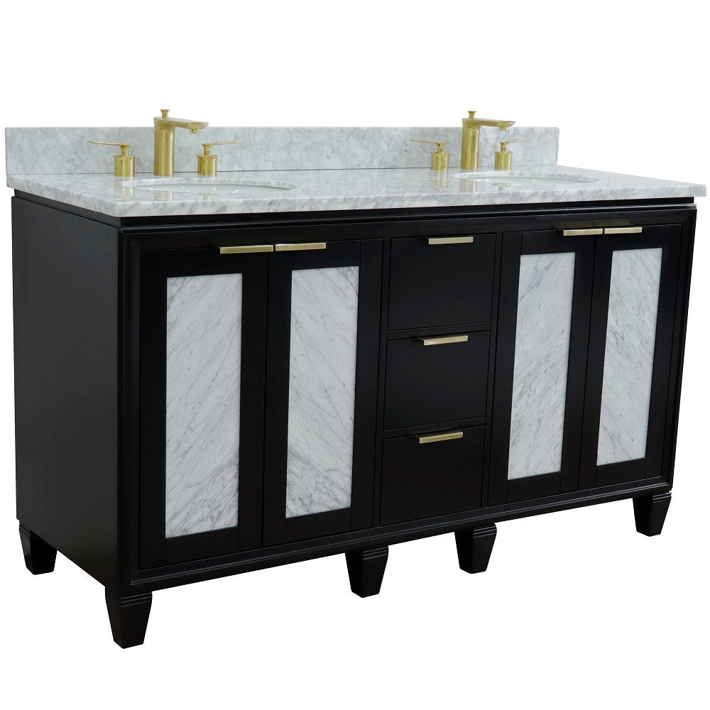 61 in. Double Sink Vanity in Black Finish with White Carrara Marble and Oval Sink, Trento Collections