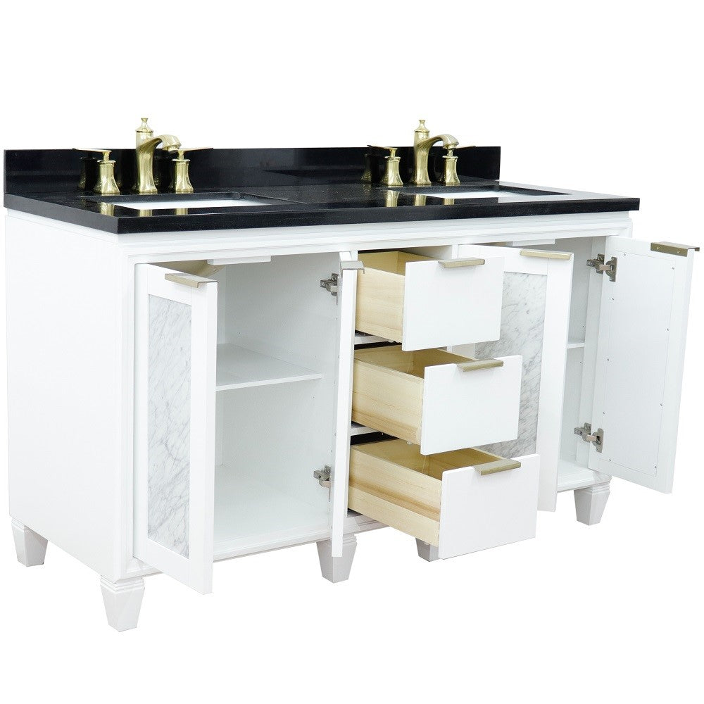 61 in. Double Sink Vanity in White Finish with Black Galaxy Granite and Rectangle Sinks, Trento Collection