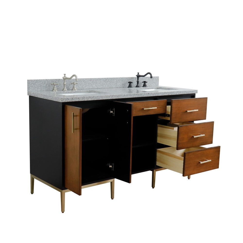 61 in. Double Sink Vanity in Walnut and Black Finish and Gray Granite and Rectangle Sinks, Trento Collection