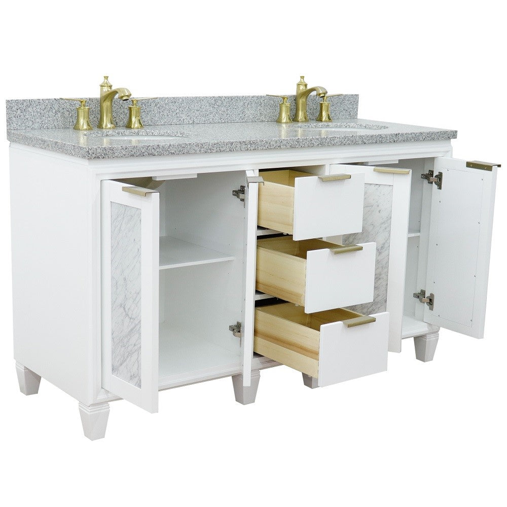 61 in. Double Sink Vanity in White Finish with Gray Granite and Oval Sink, Tivoli Collection