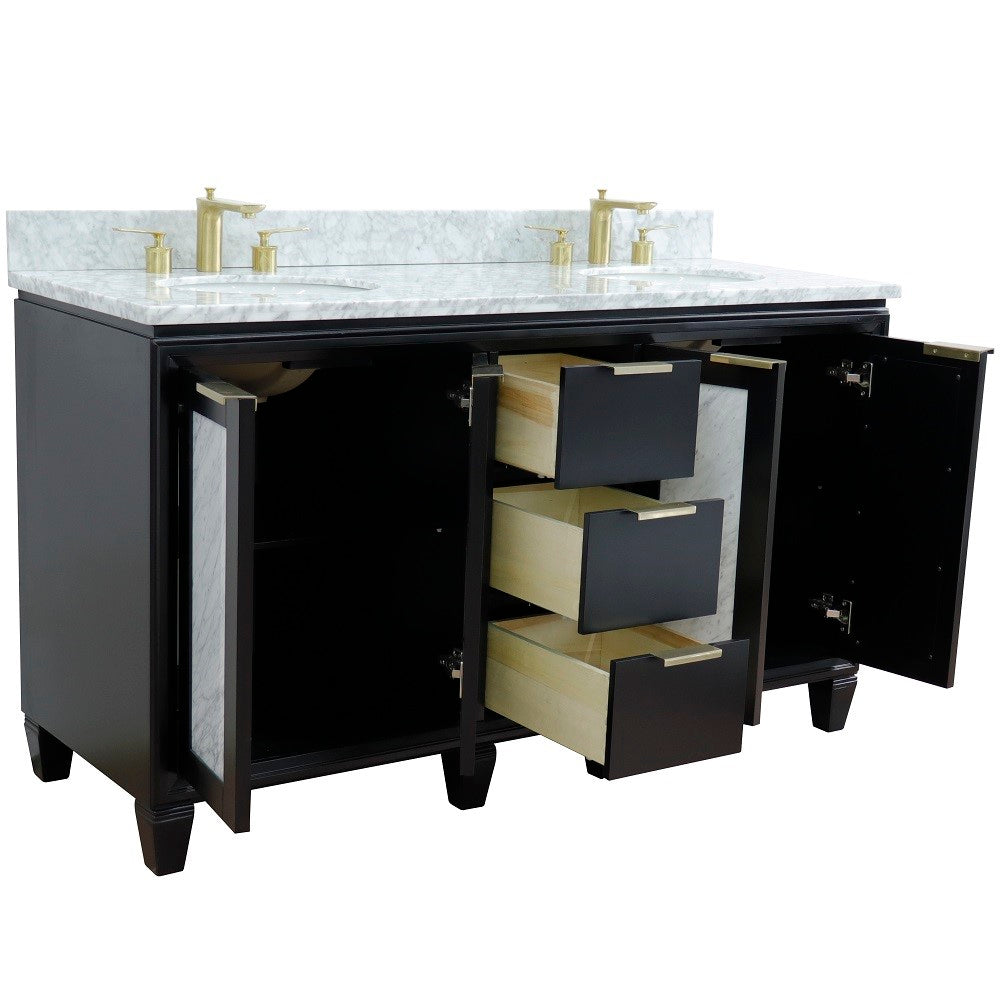 61 in. Double Sink Vanity in Black Finish with White Carrara Marble and Oval Sink, Trento Collections