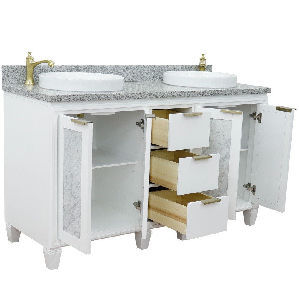 61 in. Double Sink Vanity in White Finish with Gray Granite and Round Sink, Trento Collections