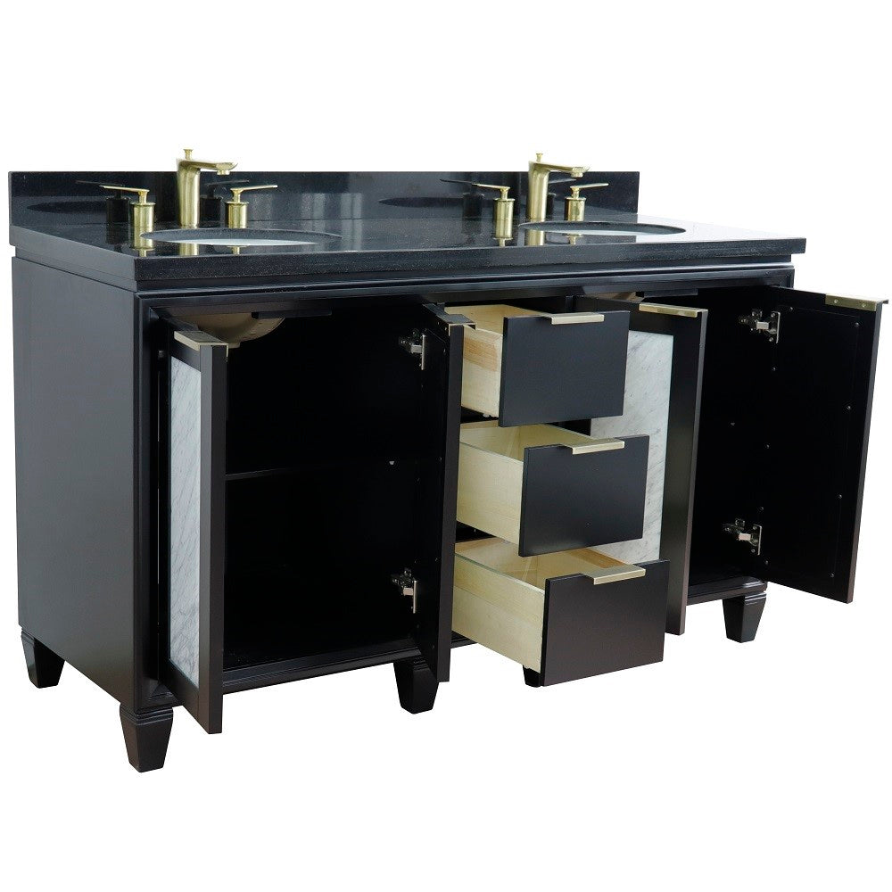 61 in. Double Sink Vanity in Black Finish with Black Galaxy Granite and Oval Sink, Trento Collections